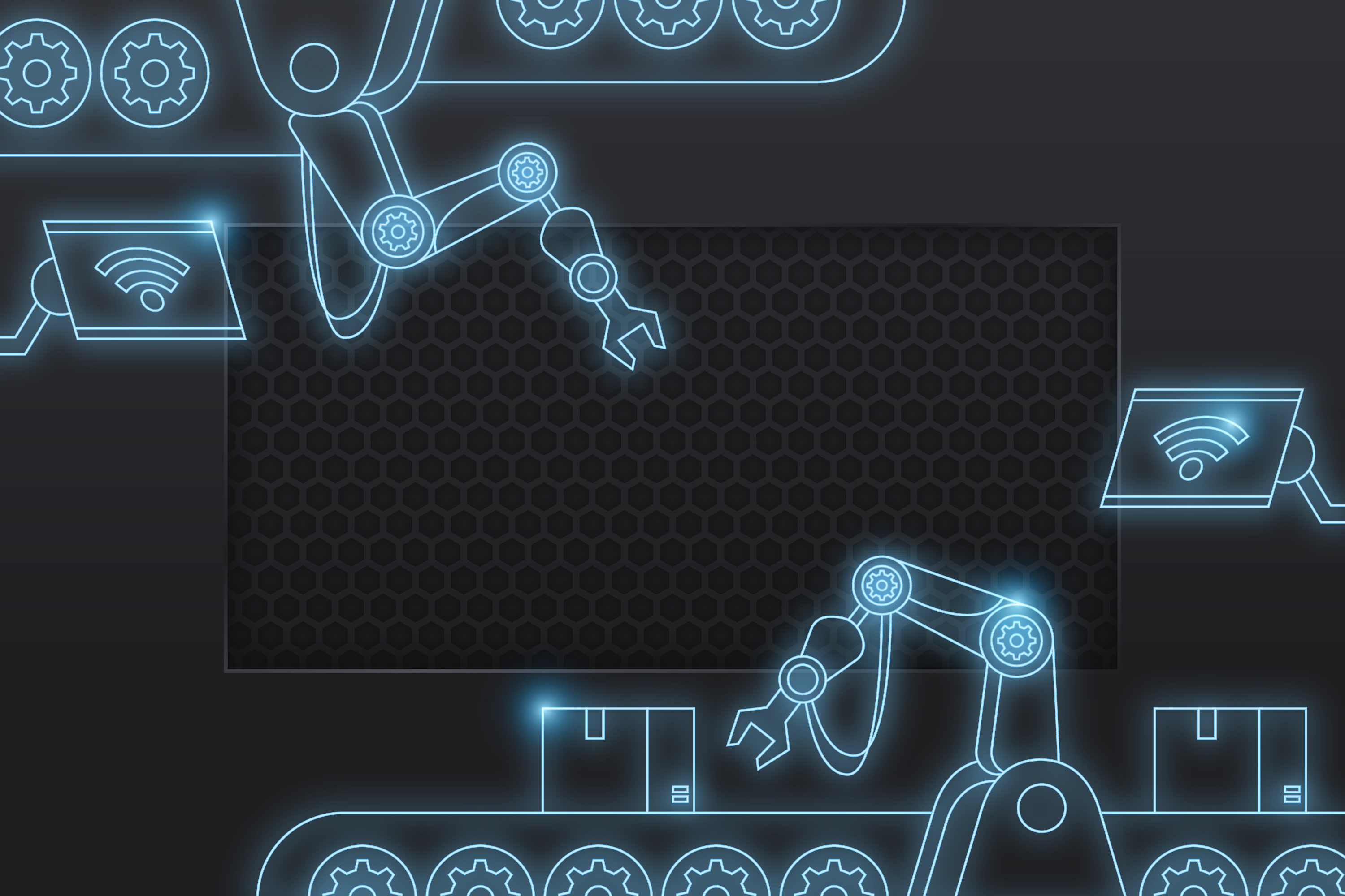 Modern factory floor with robotic arms
